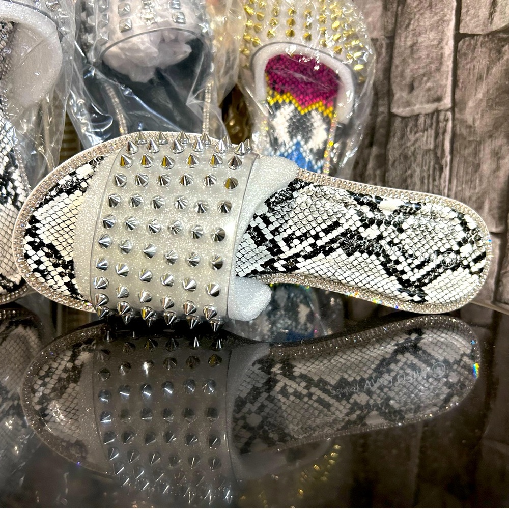 Rhinestone Spike Black & White snake print Sandals